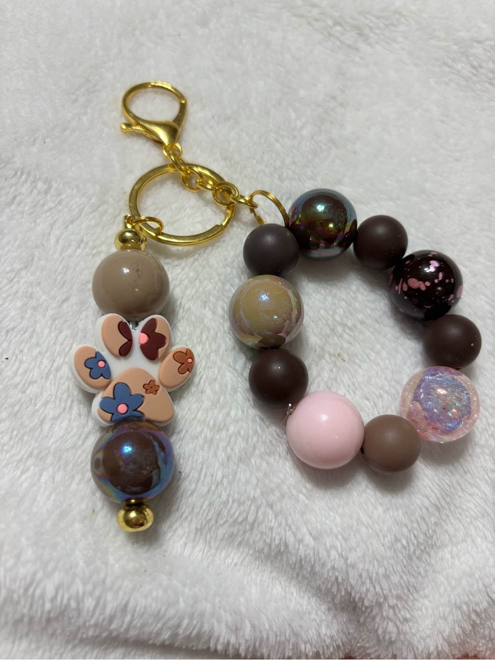 Beaded Brown & Pink Paw Flower Charm Keychain Accessory